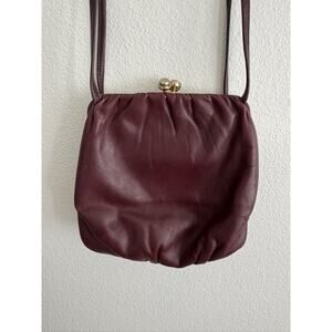Vintage Burgundy Leather Kiss Lock Frame Bag Shoulder Crossbody Small Handbag